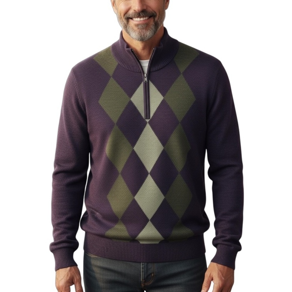 Britches Men's Classic Merino Wool Argyle 1/4 Zip Mock Neck Sweater Small Purple